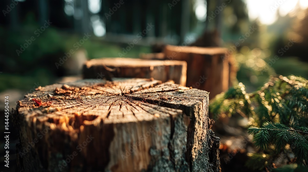 Poster Tree stump representing environmental damage and forest decline concept. Close-up of tree stumps in a serene forest environment.