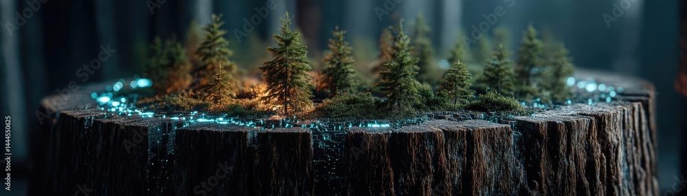 Poster tree stump exposing illegal forest damage and biodiversity loss concept. a miniature forest scene at