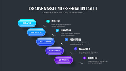 Obraz premium Marketing Showcase Slideshow Design Vector Illustration. Business Proposal 5 Step Infographic Frame Template. Product Launch Five Element Diagram Slide Layout.