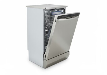 A dishwasher with its door slightly open showing the interior racks against a white background space