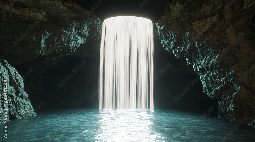 Poster magical waterfall thriving inside a cave with soft ambient lighting creating a tranquil and enchanti
