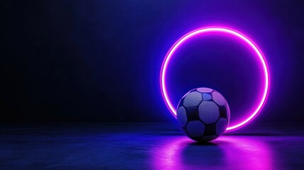 Naklejka premium A soccer ball rests near a vibrant neon light circle shape