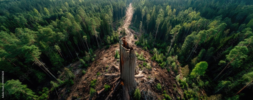 Poster tree stump representing environmental damage and forest decline concept. aerial view of a fallen tre