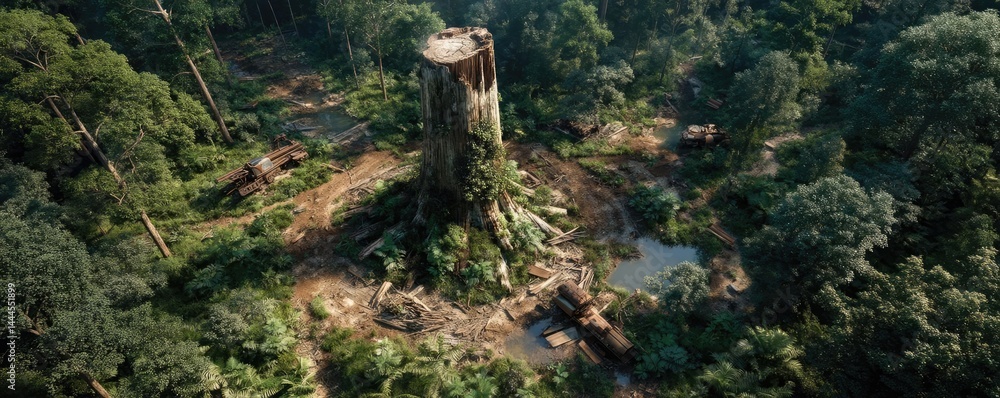 Aufkleber Tree stump representing environmental damage and forest decline concept. Aerial view of a deforested area with a tree stump in nature.