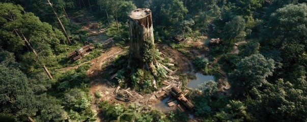 Tree stump representing environmental damage and forest decline concept. Aerial view of a deforested area with a tree stump in nature.