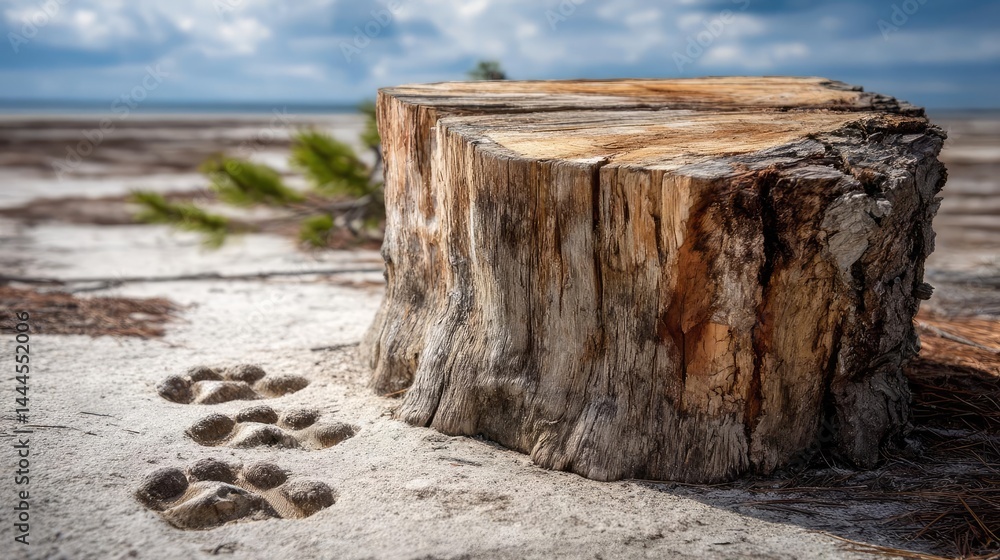 Poster tree stump reflecting deforestation and climate change crisis concept. a weathered stump surrounded 