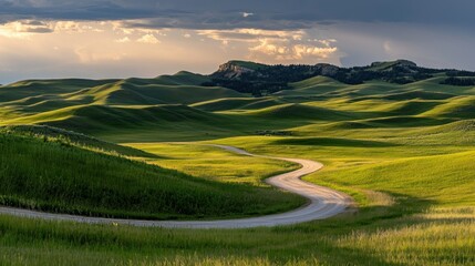 Rolling green hills feature a winding road beneath a cloudy sky