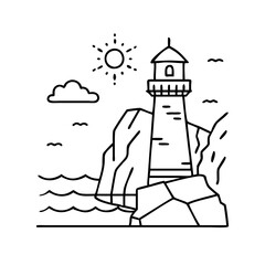 lighthouse on cliff icon, lighthouse on cliff line art - simple line art of lighthouse on cliff, perfect for lighthouse on cliff logos and icons