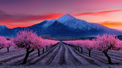 Naklejka premium A beautiful landscape featuring blooming trees and a mountain