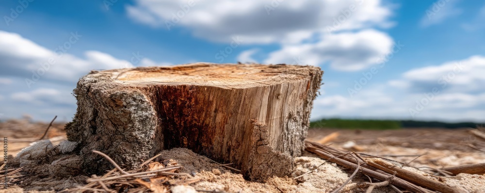 Aufkleber tree stump exposing illegal forest damage and biodiversity loss concept. a close-up of a tree stump 
