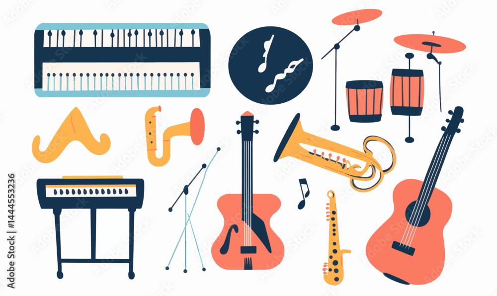 Poster colorful flat vector set of musical instruments icons for music projects and design
