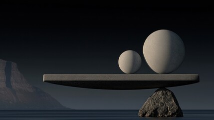 Two spheres balanced on a stone platform with landscape background