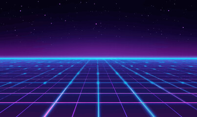 Retro Futuristic Neon Grid Landscape with Blue Glowing Perspective Horizon