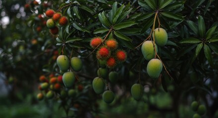 Mango tree with ripe and unripe fruits in natural setting