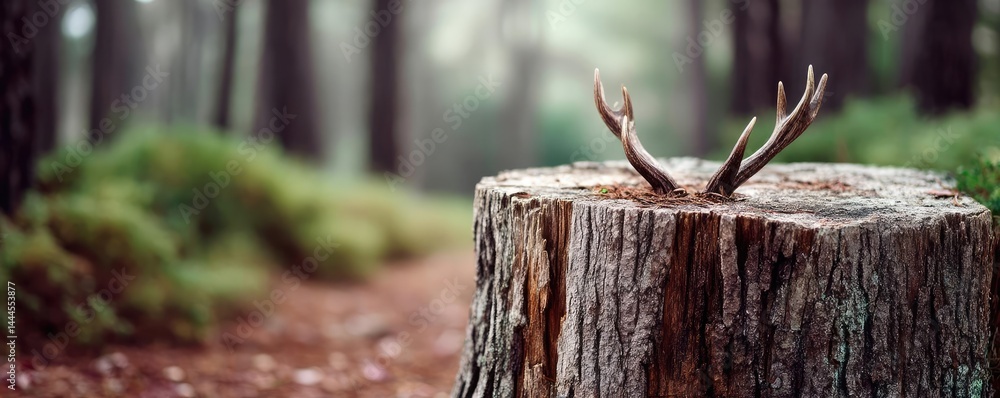 Poster Tree stump representing environmental damage and forest decline concept. A serene forest scene featuring a tree stump with antlers.