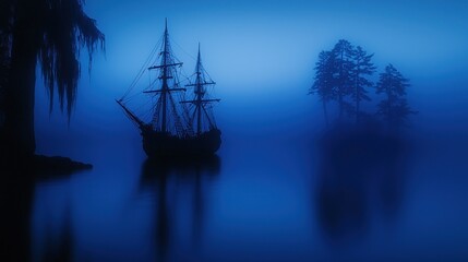Obraz premium A sailing ship floats on still water in a dreamy atmosphere
