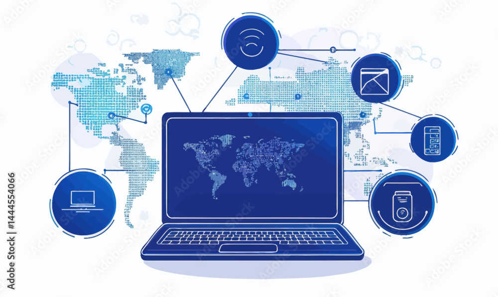 Poster digital networking and technology concept with laptop and world map vector illustration