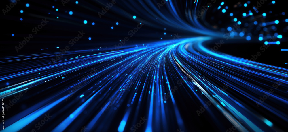 Poster dynamic blue light trails creating a sense of speed and motion in a dark background.