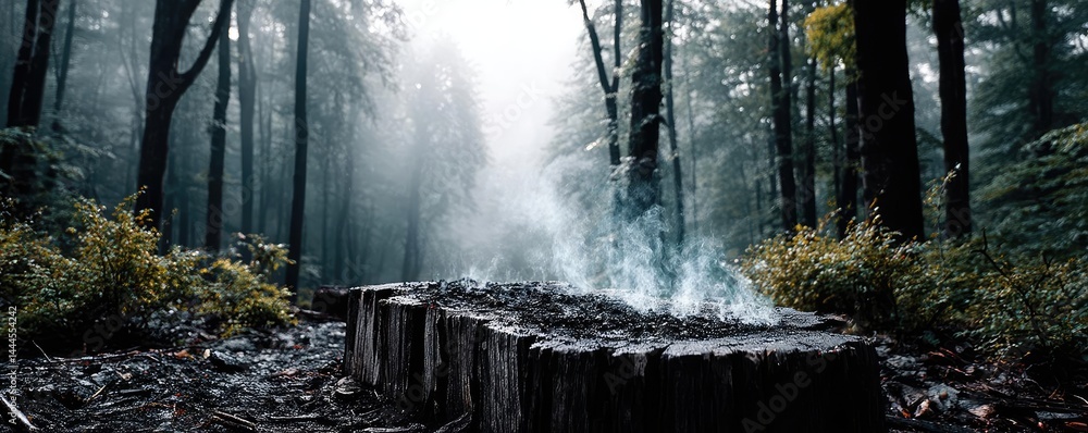 Poster tree stump reflecting deforestation and climate change crisis concept. a serene forest scene with mi