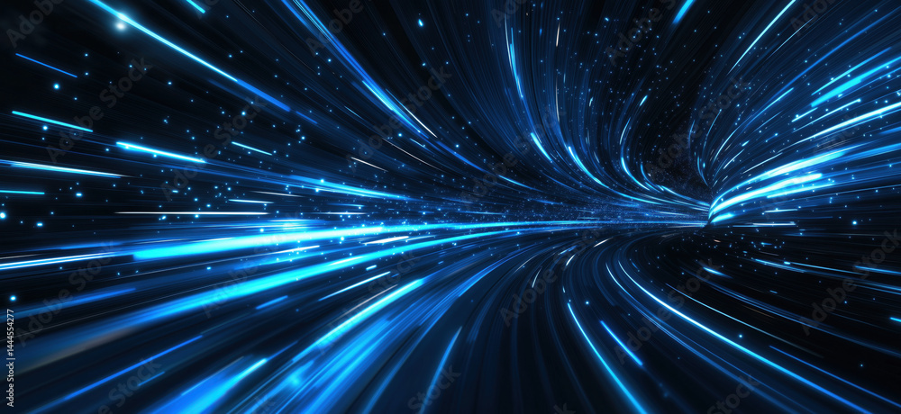 Poster dynamic blue light trails creating a sense of speed and motion in a digital space.