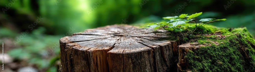 Aufkleber Tree stump exposing illegal forest damage and biodiversity loss concept. A close-up of a tree stump with moss and ferns in a lush forest.