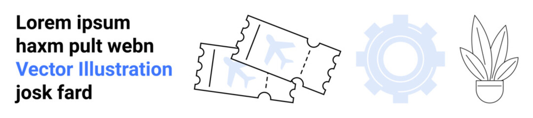 Two perforated tickets, a gear cog symbol, and a simple potted plant. Ideal for event planning, creativity, innovation, leisure, teamwork productivity and ecosystems. Modern flat landing page