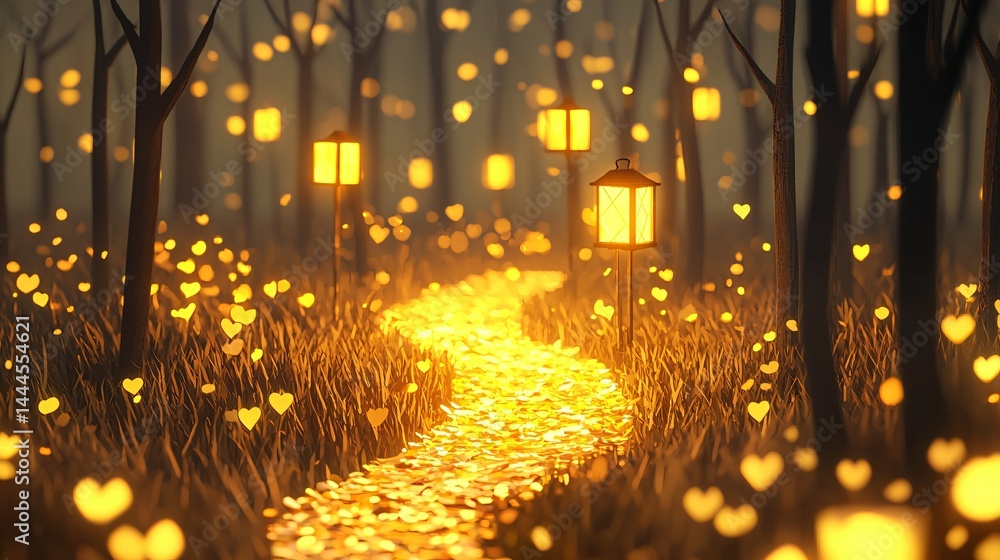 Poster magical pathway through a lush forest illuminated with lanterns creating a dreamy and enchanting atm