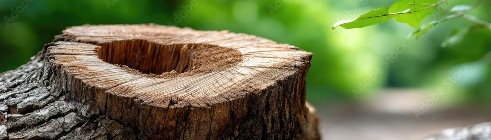 Poster tree stump exposing illegal forest damage and biodiversity loss concept. close-up of a tree stump wi