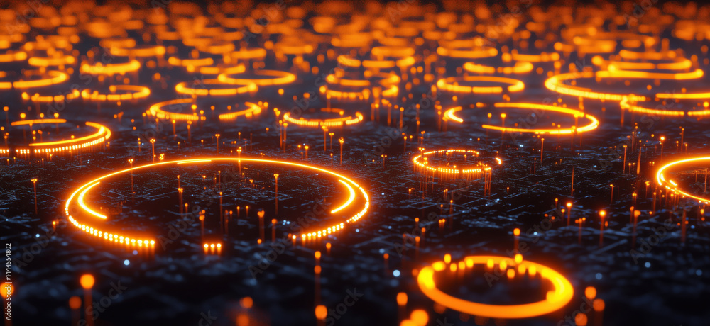 Poster futuristic digital landscape with glowing orange circular patterns and data points.