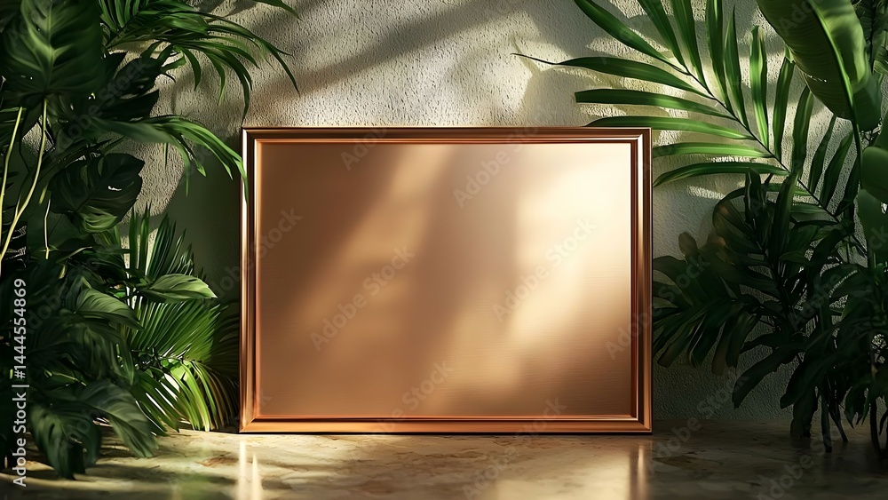 Poster a blank, framed rectangular canvas is surrounded by lush greenery and softly filtered light. concept