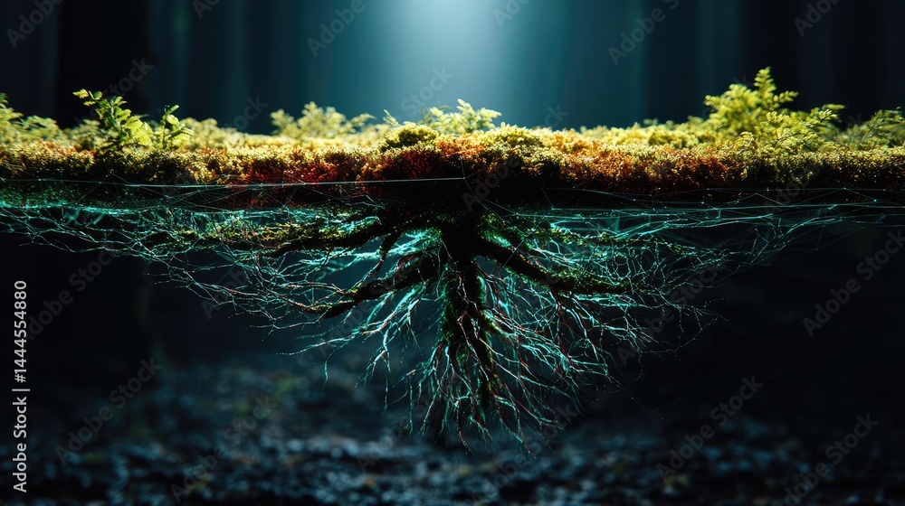 Poster tree stump reflecting deforestation and climate change crisis concept. close-up of roots and moss be