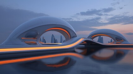 Obraz premium Futuristic architectural design with organic shapes reflecting in water