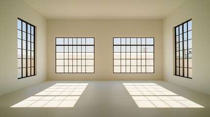 Obraz premium An empty room featuring multiple grid windows with direct sunlight