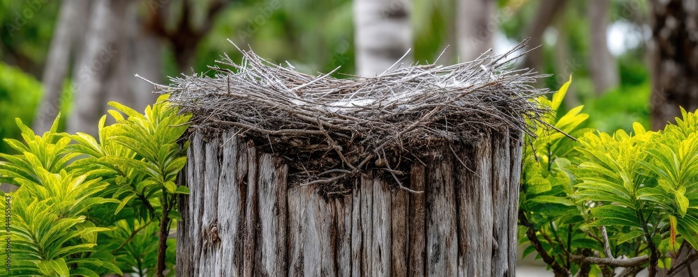 Poster tree stump reflecting deforestation and climate change crisis concept. a bird's nest resting on a wo