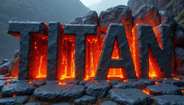 "TITAN" monumental stone carved letters with lava like color flows - Powered by Adobe