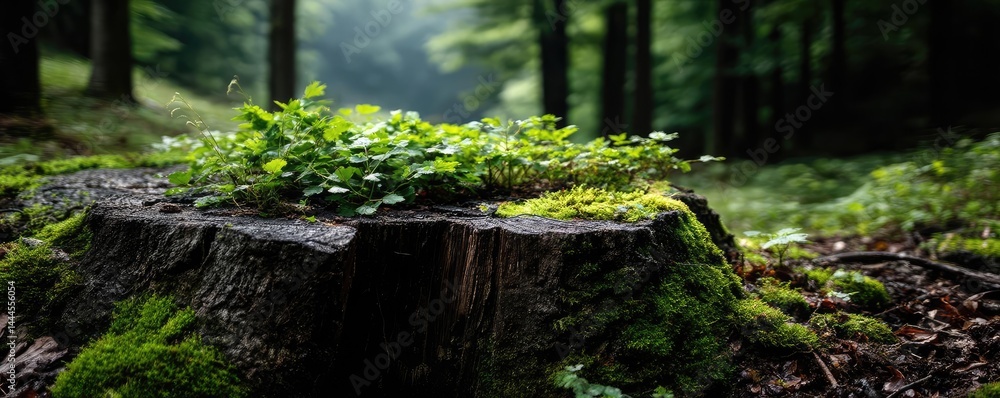 Poster tree stump exposing illegal forest damage and biodiversity loss concept. a serene forest scene featu