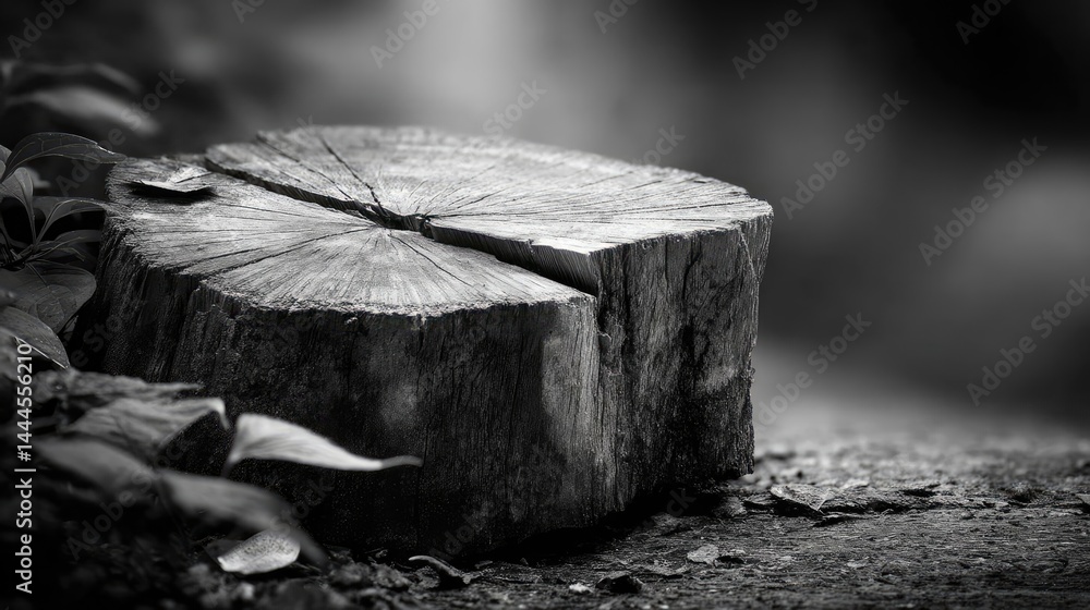 Aufkleber tree stump reflecting deforestation and climate change crisis concept. a serene black and white imag