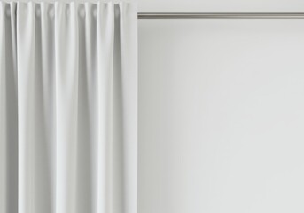 A simple shot showcasing a white curtain hanging on a metal rod against a white wall backdrop