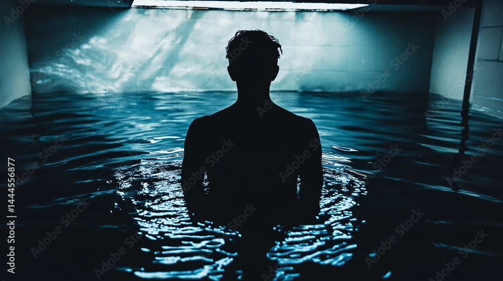 Poster a person relaxing in a pool surrounded by abstract warped reflections and backlit silhouettes creati