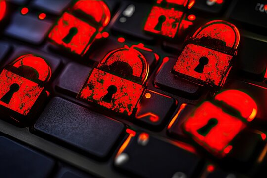 Locked computer keyboard, digital security breach Red lock icons on dark keys