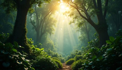 Dense mysterious jungle, rainforest in the sun, tropics full of greenery. Created using technology.