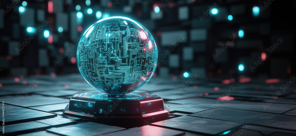 Poster futuristic holographic globe with circuit patterns in a digital environment.