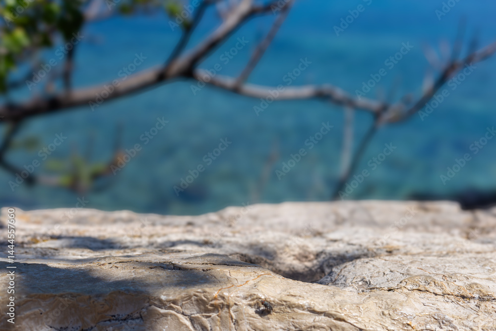 Poster summer copy space with blue sky and sea blurred backdrop. tropical summer vacation product placement