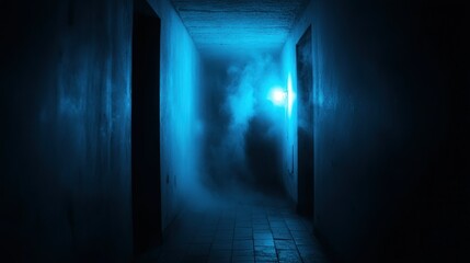 Dark hallway filled with smoke and illuminated by a blue light