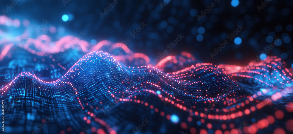 Poster abstract digital wave pattern with glowing blue and red particles in 3d space.