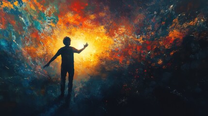 An abstract depiction of a person reaching towards a distant light, symbolizing the pursuit of happiness