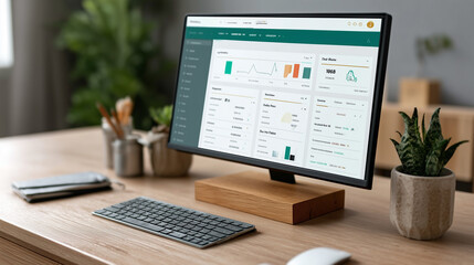Workstation Display of Data: A modern workstation setup with a sleek display showcasing analytical data on a wooden desk, embodying a productive workspace. 