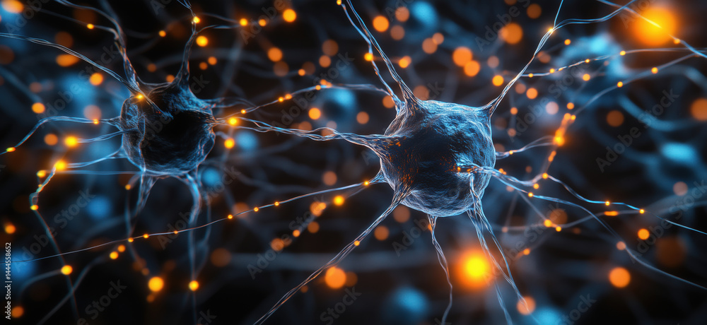 Poster neurons in a neural network with glowing synapses and connections.