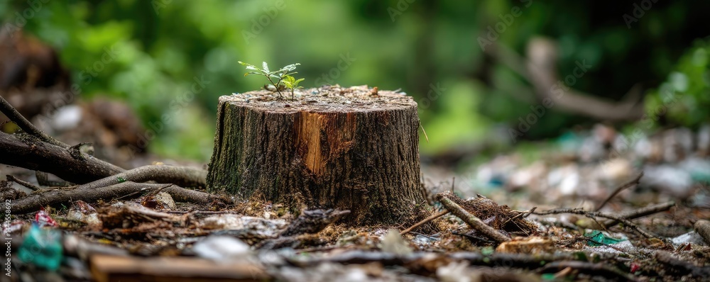 Poster tree stump exposing illegal forest damage and biodiversity loss concept. a tree stump surrounded by 