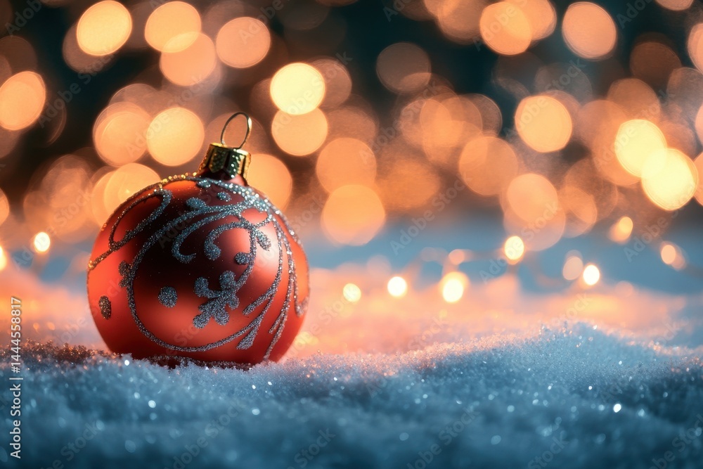 Poster christmas ornament resting on snow with sparkling fairy lights in the background creating a festive 